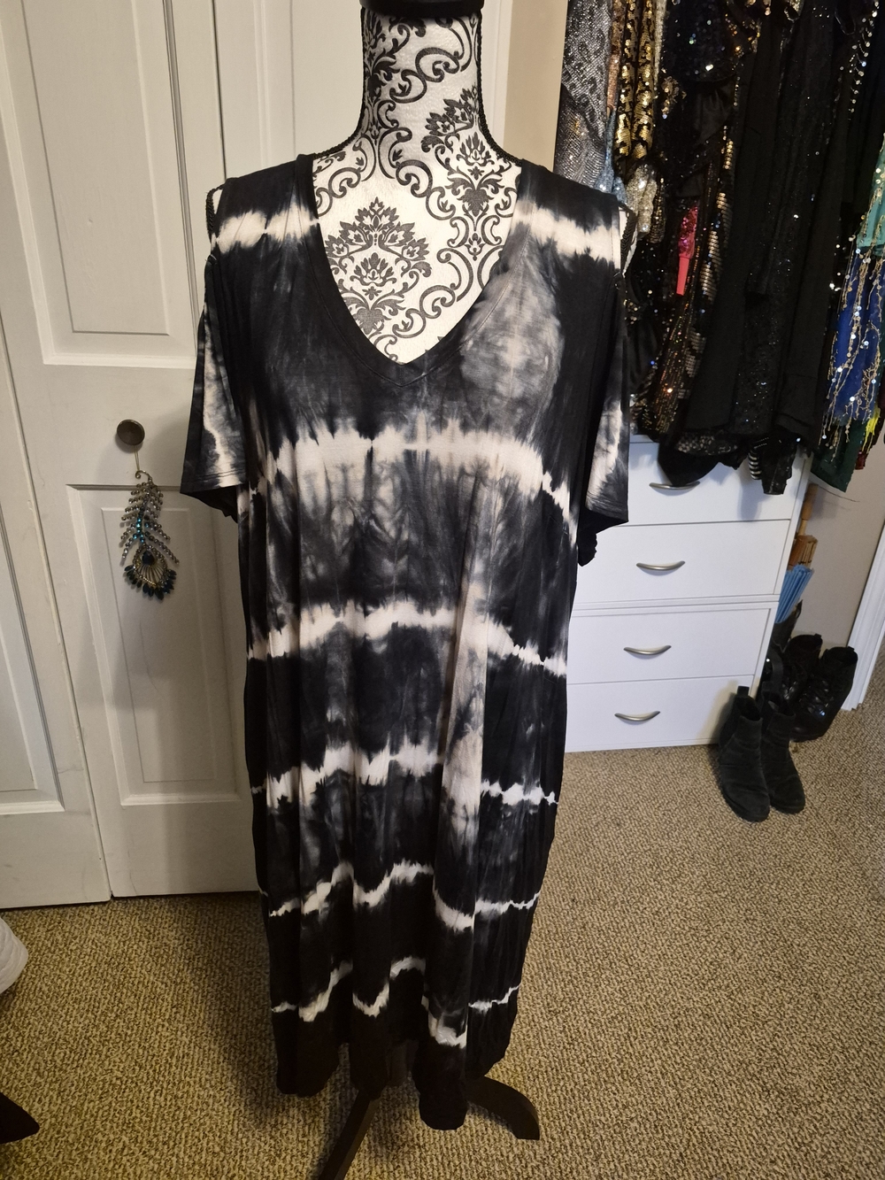 Lane Bryant Black and White Tie-Dye V-Neck Maxi Dress